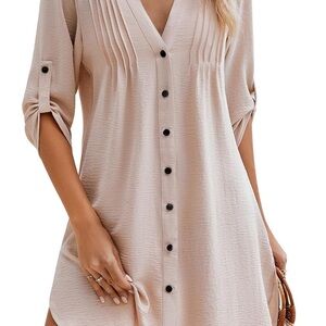 Beige Button-Up Shirt Dress